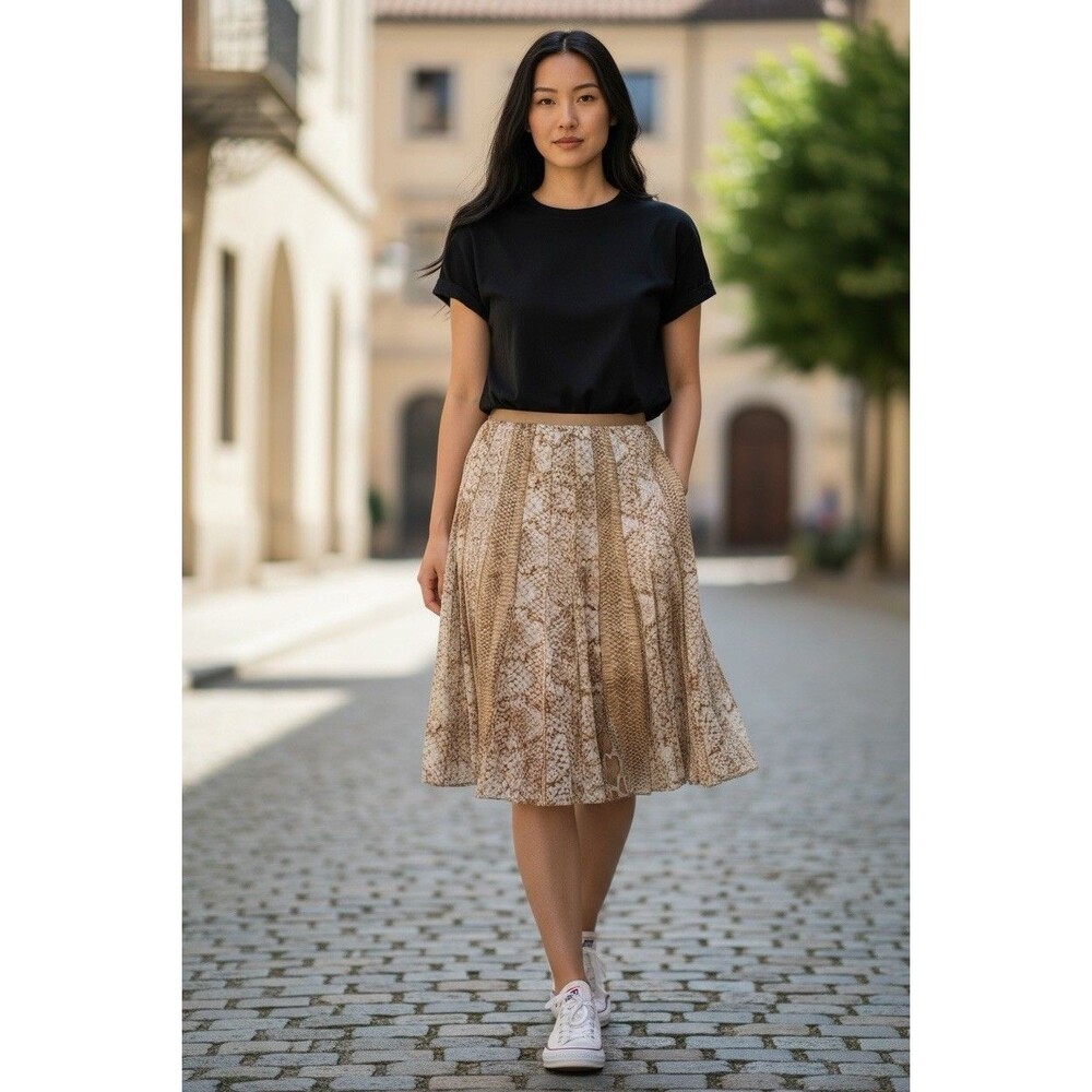 NWT Reptile Print Flare Circle Skirt Sz 4 Tan White 100% Cotton